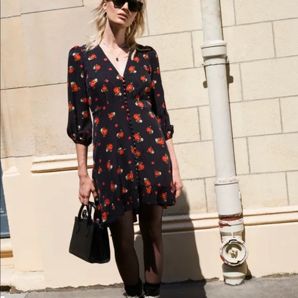 The Kooples Dresses & Skirts - The Kooples Short printed dress with buttoned front black w/red flowers, size 2
